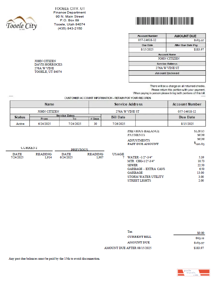 USA Tooele city utility bill template in Word and PDF formats